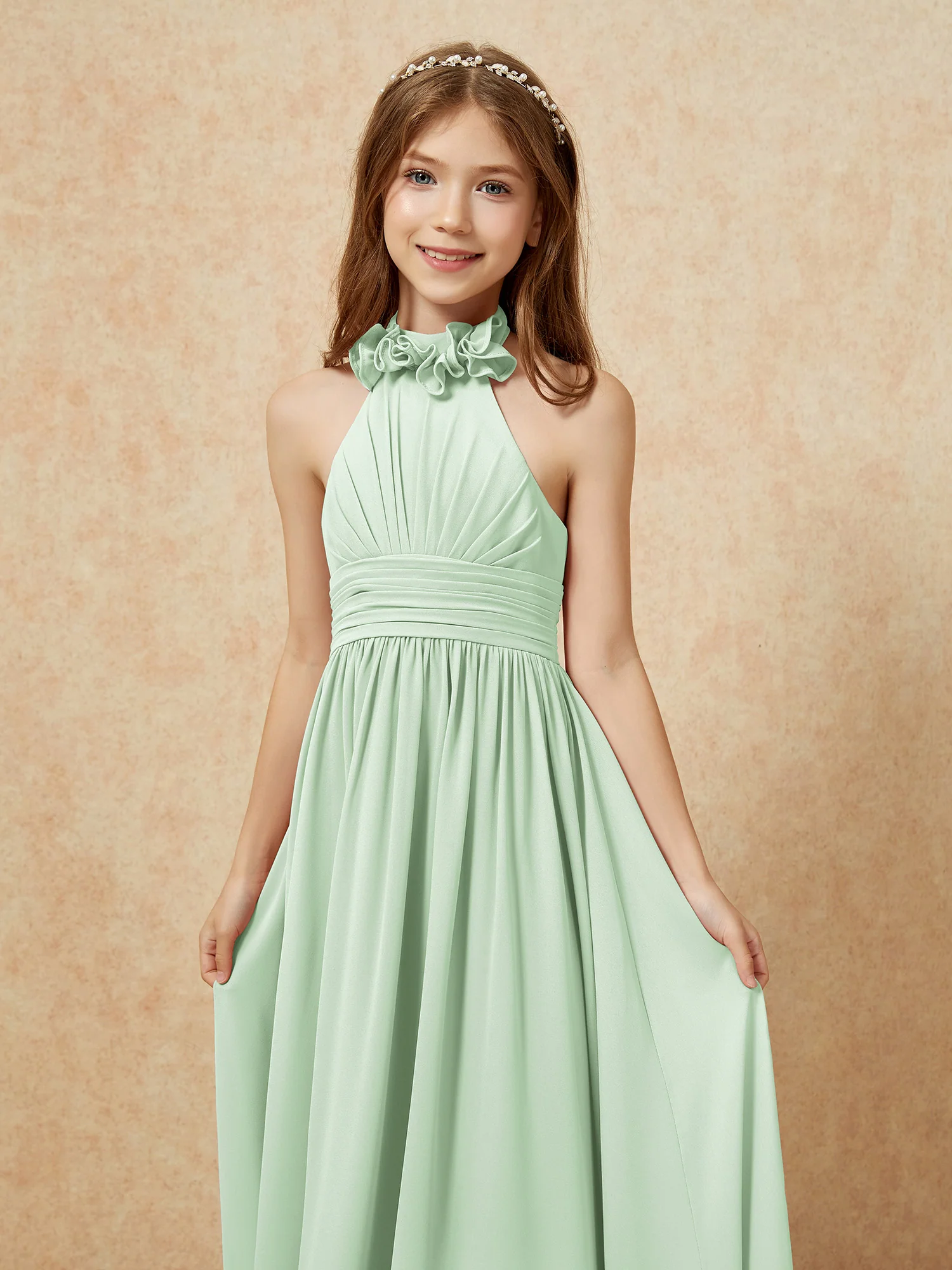 Halter Backless Chiffon Long Junior Bridesmaid Dress Dusty Sage - Image 6