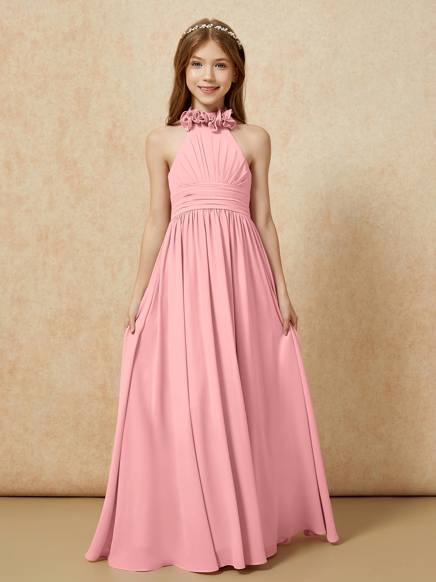 Halter Backless Chiffon Long Junior Bridesmaid Dress Flamingo - Image 4