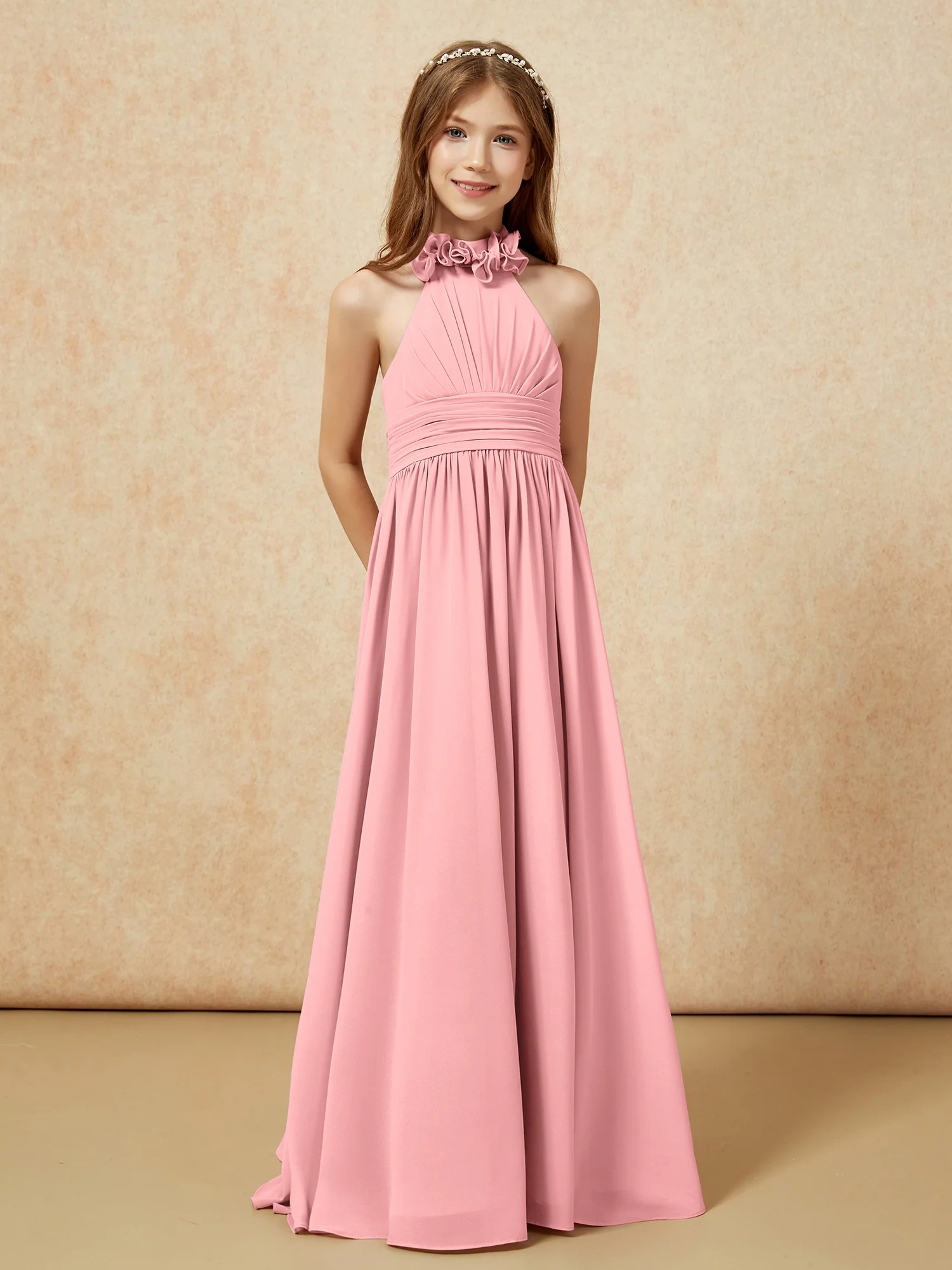 Halter Backless Chiffon Long Junior Bridesmaid Dress Flamingo - Image 5