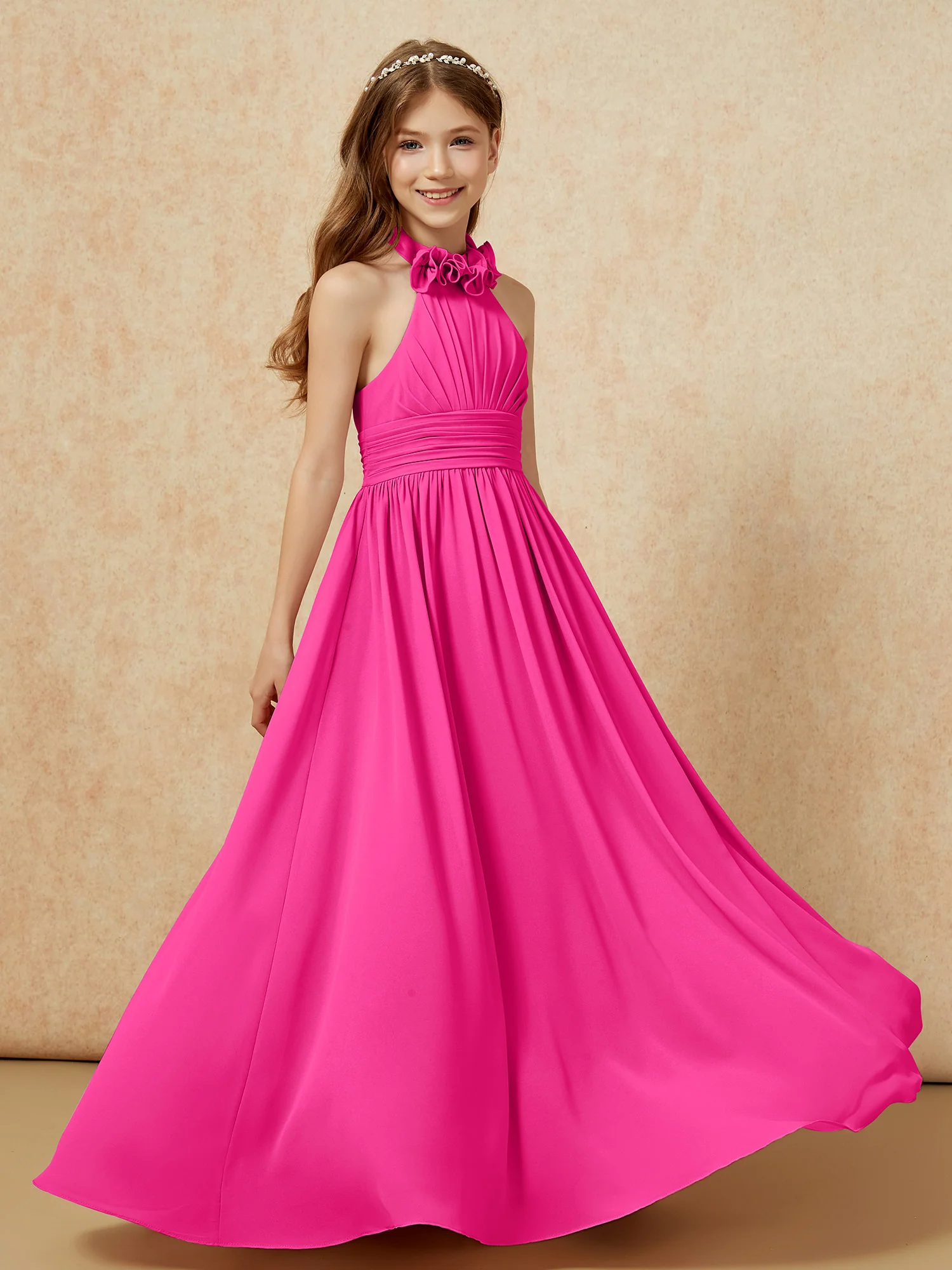 Halter Backless Chiffon Long Junior Bridesmaid Dress Fuchsia