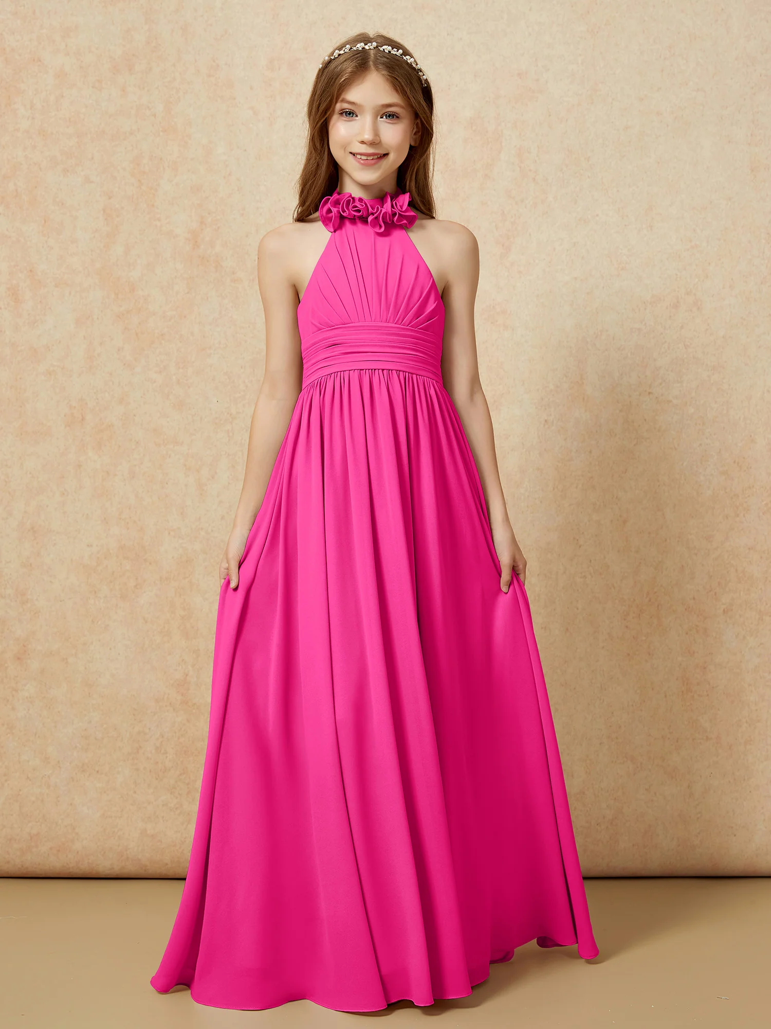 Halter Backless Chiffon Long Junior Bridesmaid Dress Fuchsia - Image 4