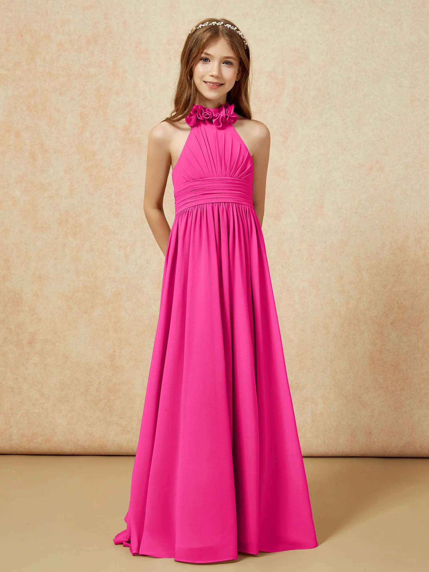 Halter Backless Chiffon Long Junior Bridesmaid Dress Fuchsia - Image 5