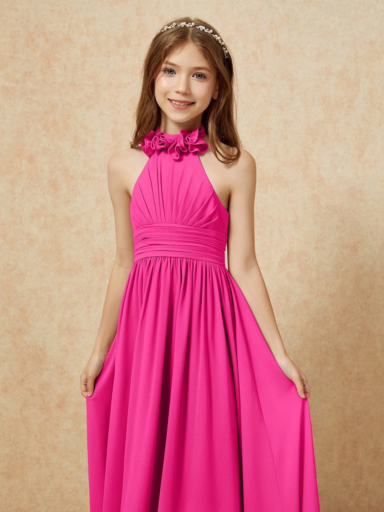 Halter Backless Chiffon Long Junior Bridesmaid Dress Fuchsia - Image 6