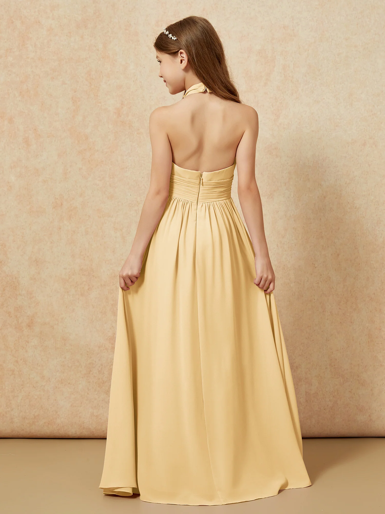 Halter Backless Chiffon Long Junior Bridesmaid Dress Gold - Image 2