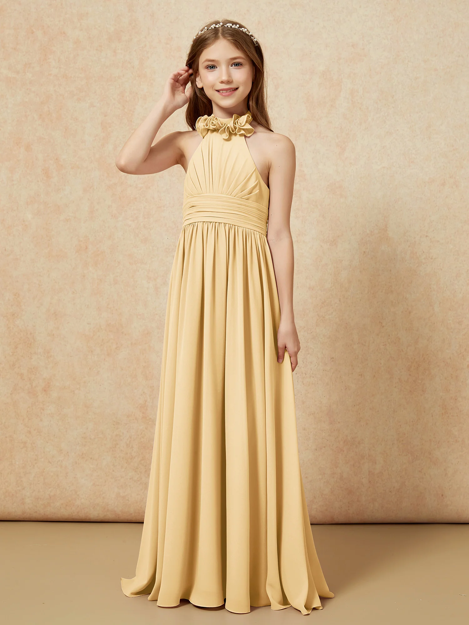 Halter Backless Chiffon Long Junior Bridesmaid Dress Gold - Image 3