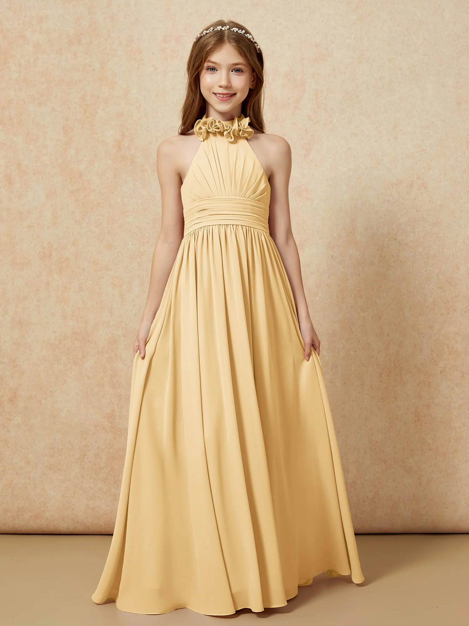 Halter Backless Chiffon Long Junior Bridesmaid Dress Gold - Image 4