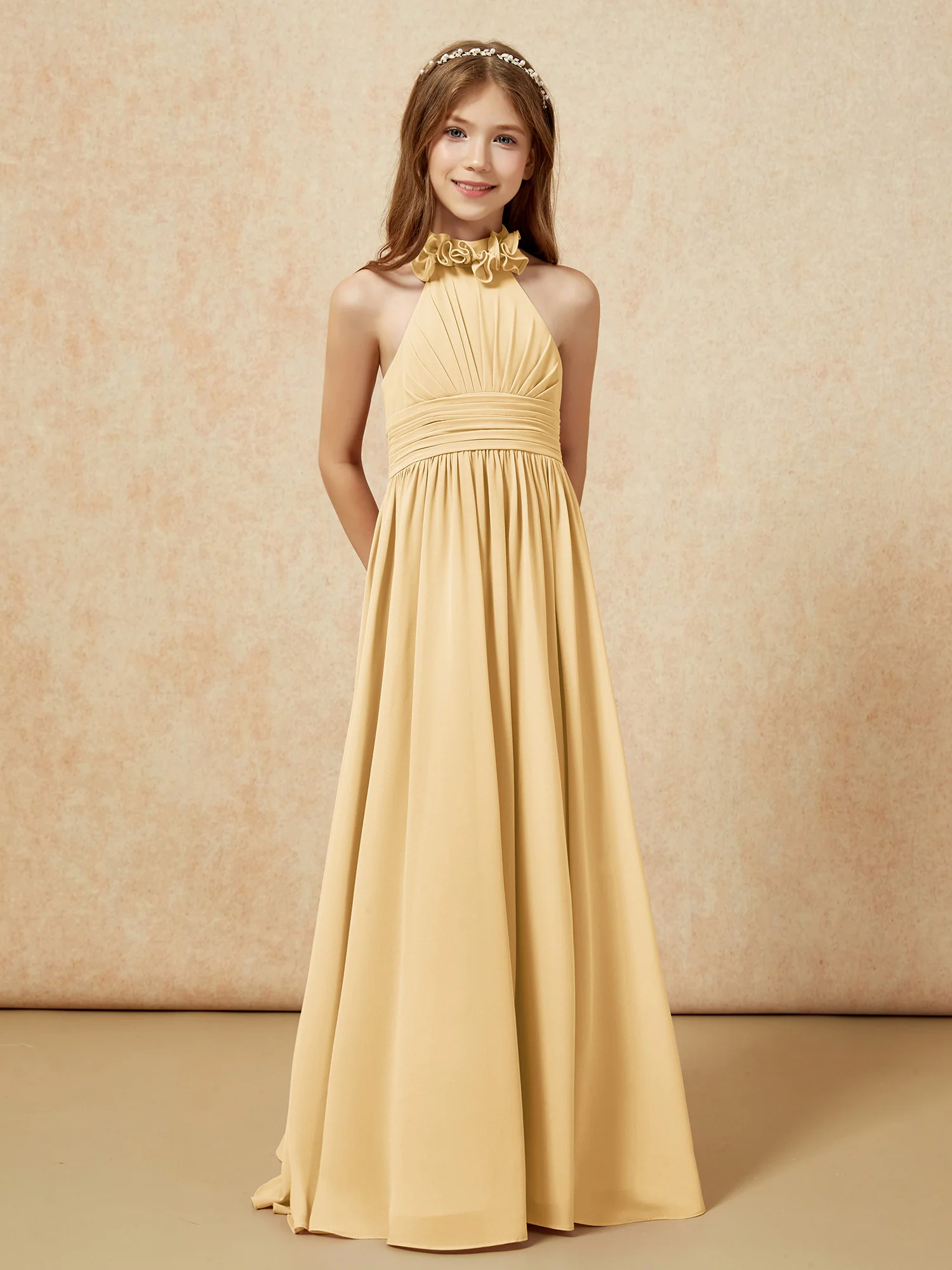 Halter Backless Chiffon Long Junior Bridesmaid Dress Gold - Image 5