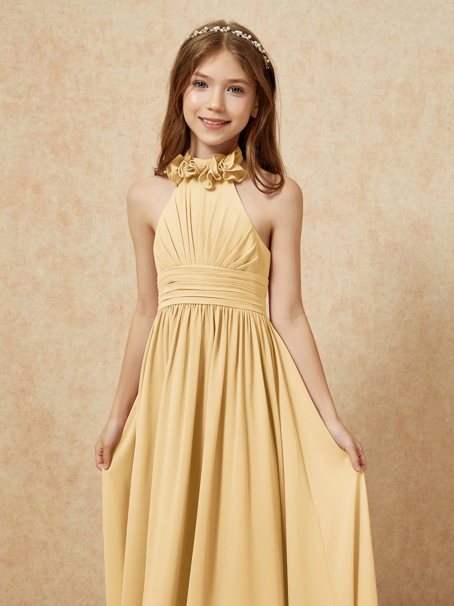 Halter Backless Chiffon Long Junior Bridesmaid Dress Gold - Image 6