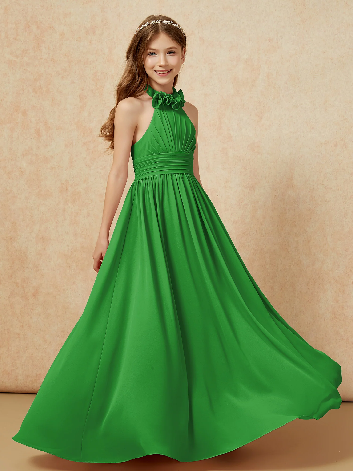 Halter Backless Chiffon Long Junior Bridesmaid Dress Green