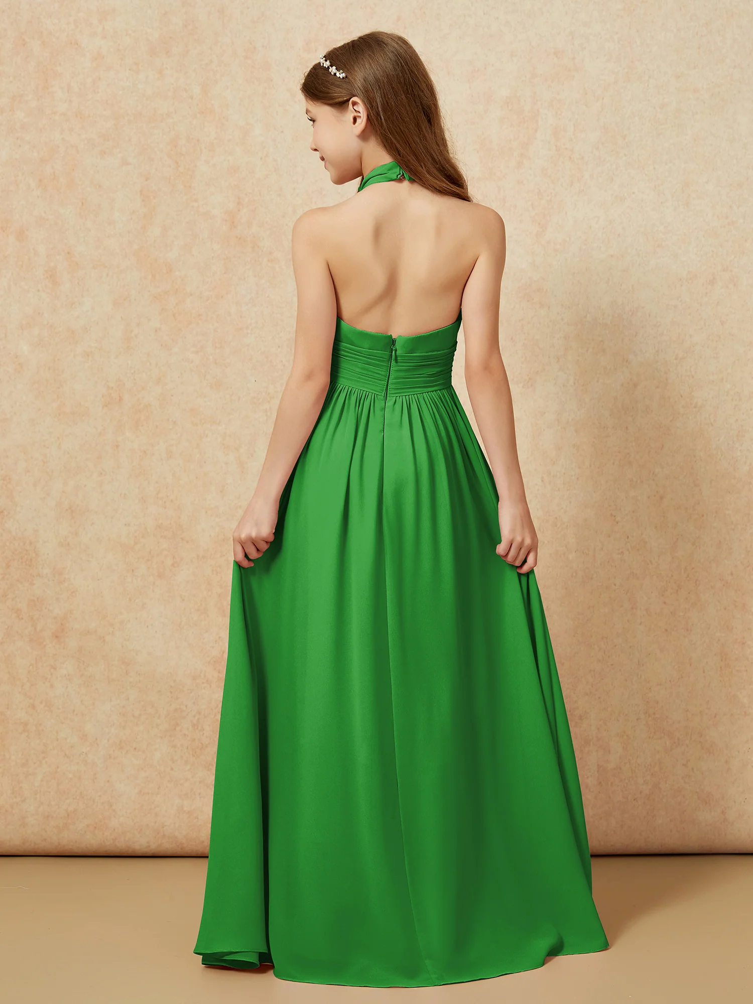Halter Backless Chiffon Long Junior Bridesmaid Dress Green - Image 2