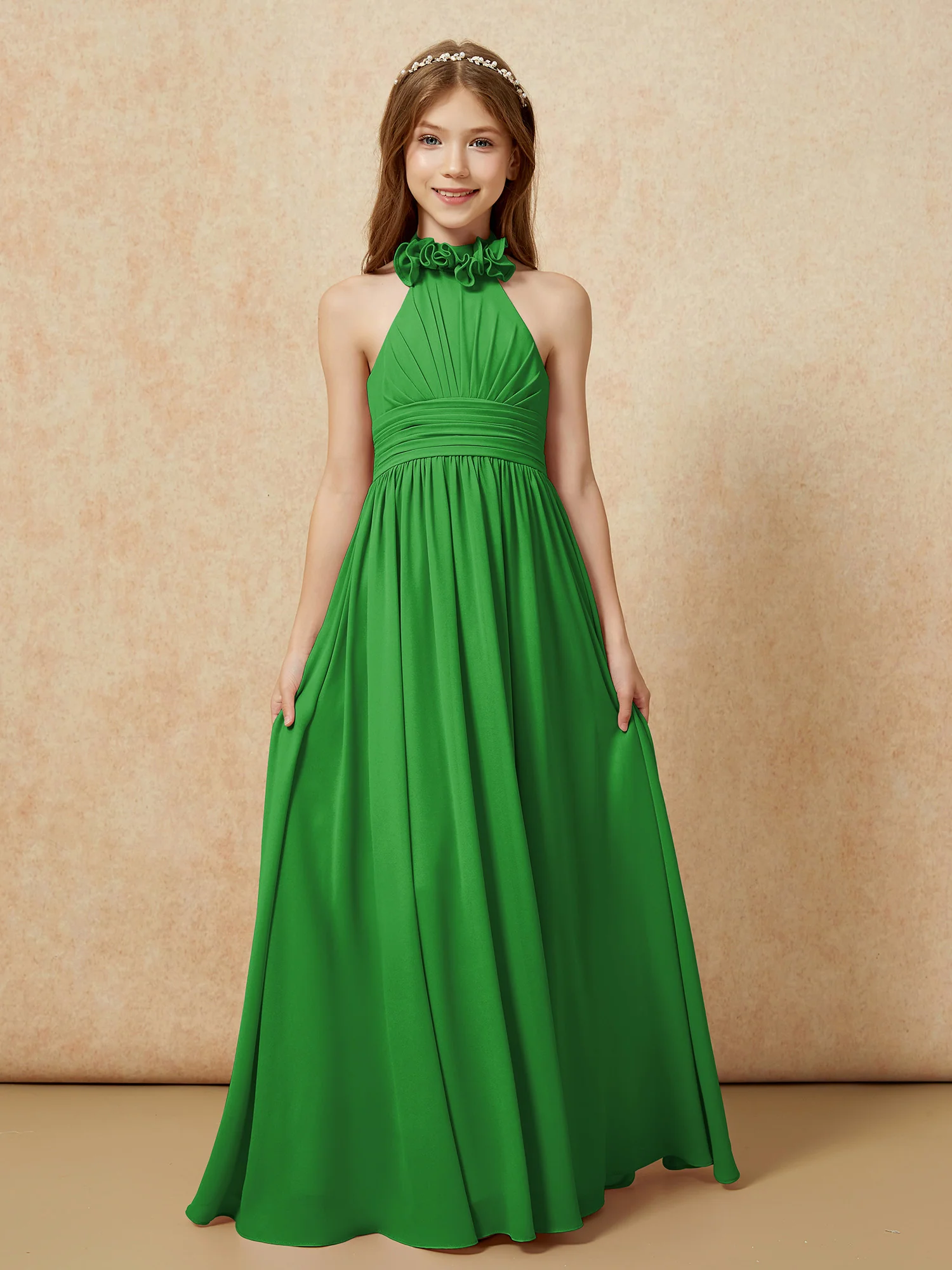 Halter Backless Chiffon Long Junior Bridesmaid Dress Green - Image 4