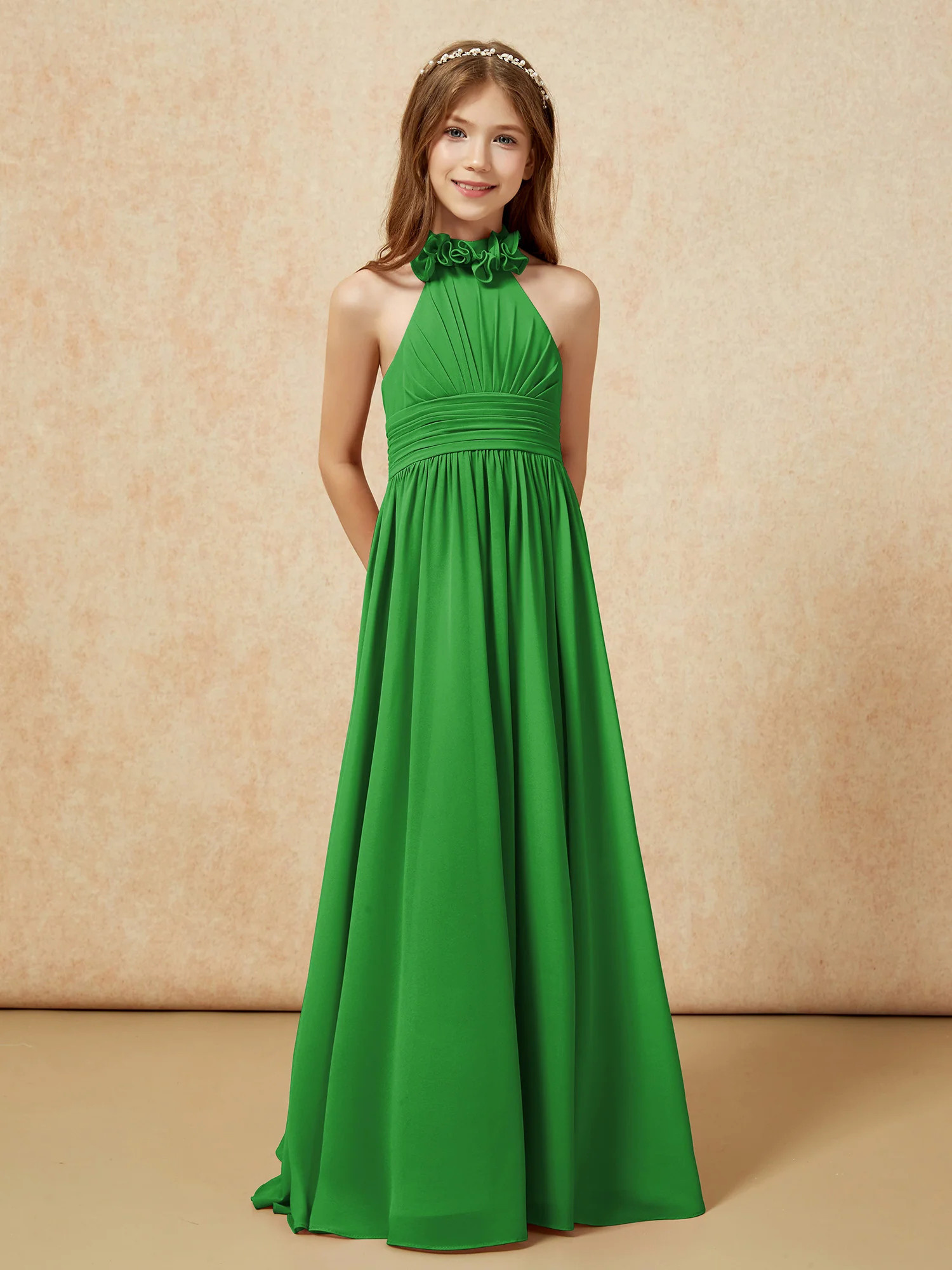 Halter Backless Chiffon Long Junior Bridesmaid Dress Green - Image 5