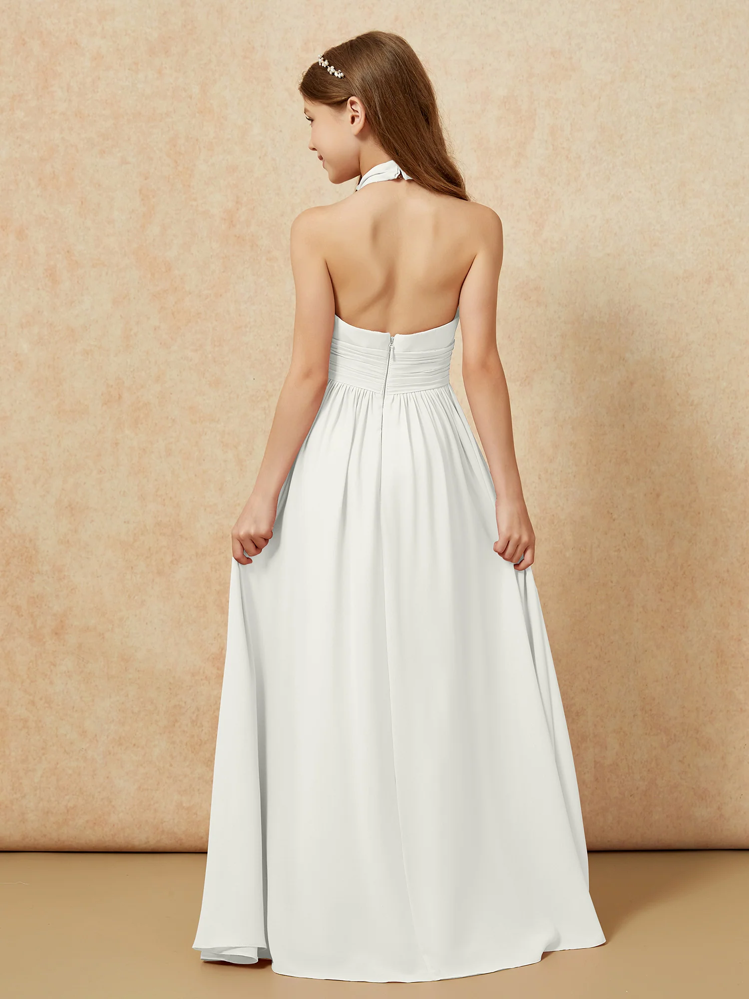 Halter Backless Chiffon Long Junior Bridesmaid Dress Ivory - Image 2
