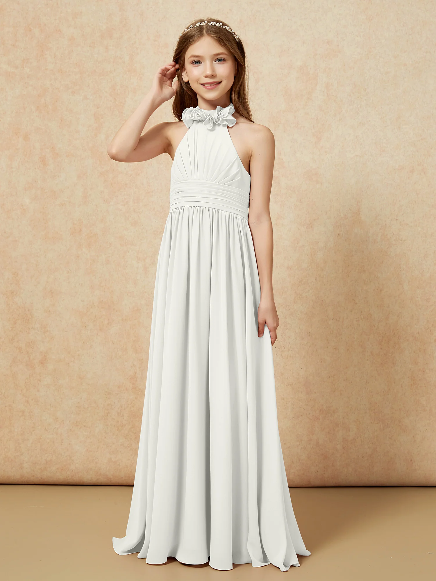 Halter Backless Chiffon Long Junior Bridesmaid Dress Ivory - Image 3
