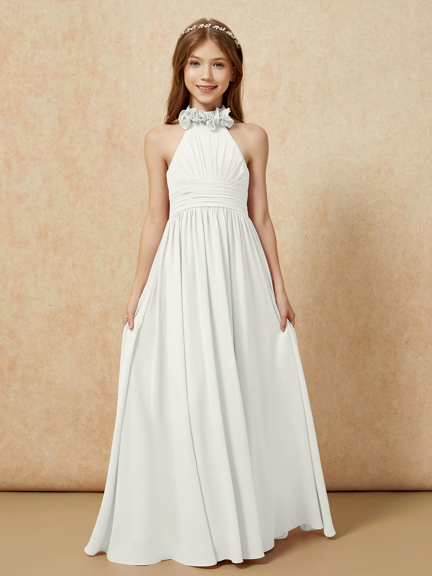 Halter Backless Chiffon Long Junior Bridesmaid Dress Ivory - Image 4