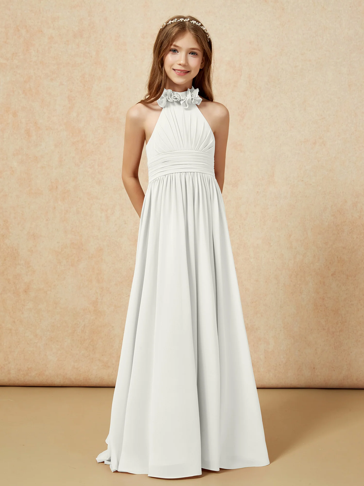 Halter Backless Chiffon Long Junior Bridesmaid Dress Ivory - Image 5