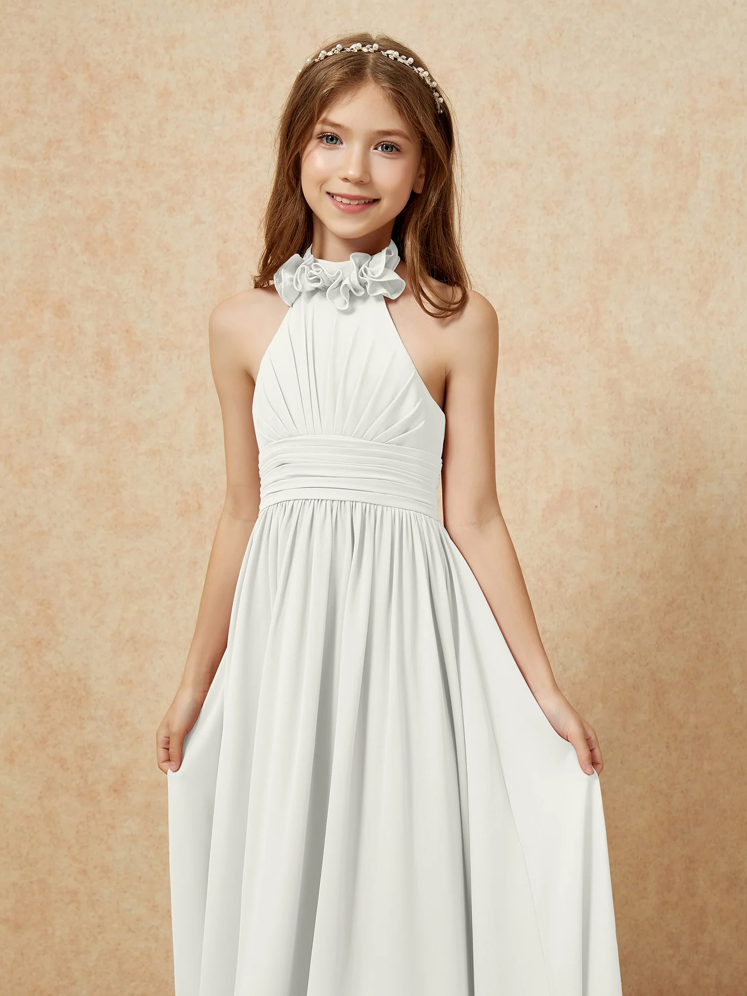 Halter Backless Chiffon Long Junior Bridesmaid Dress Ivory - Image 6