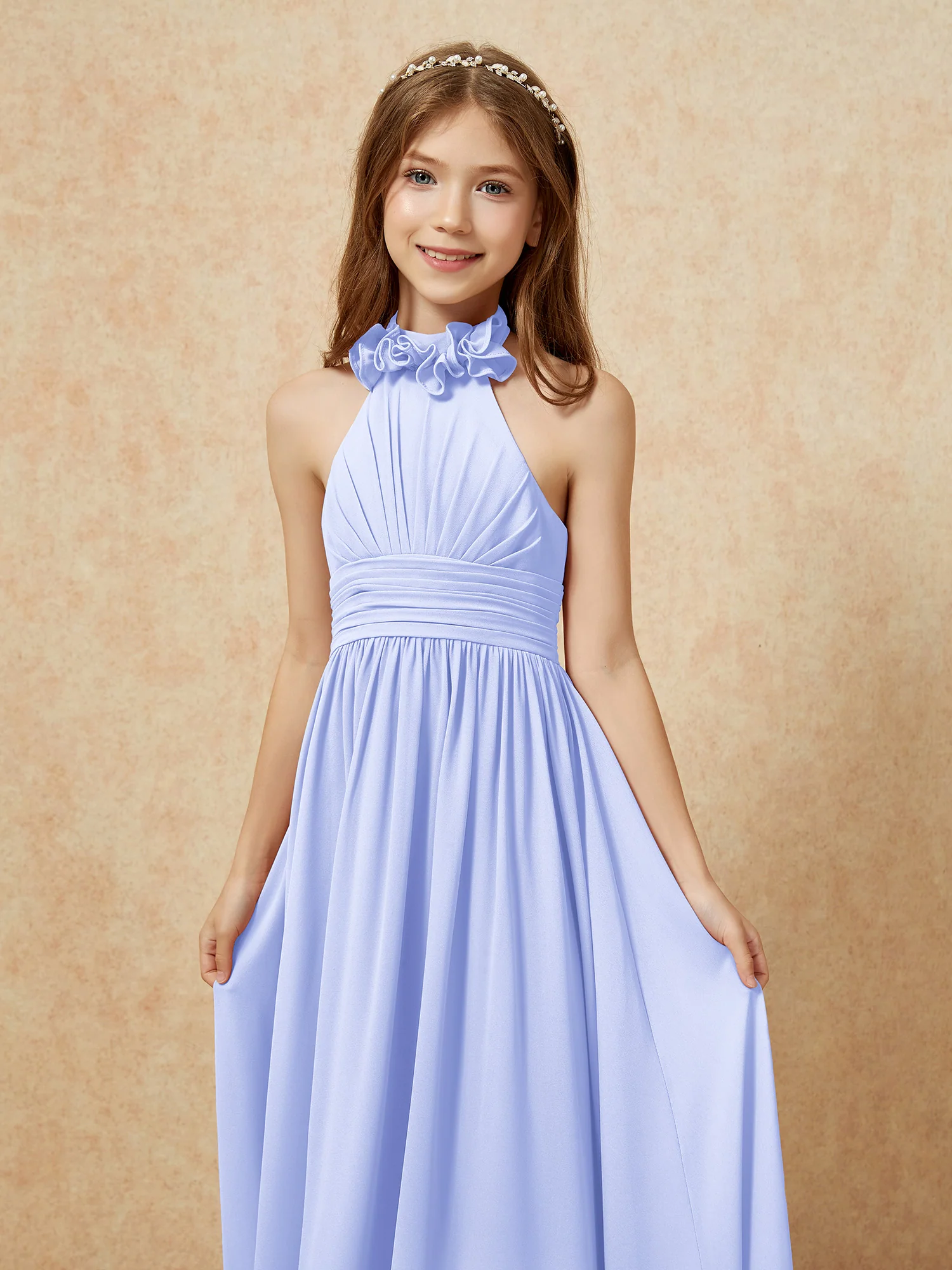 Halter Backless Chiffon Long Junior Bridesmaid Dress Lavender - Image 6