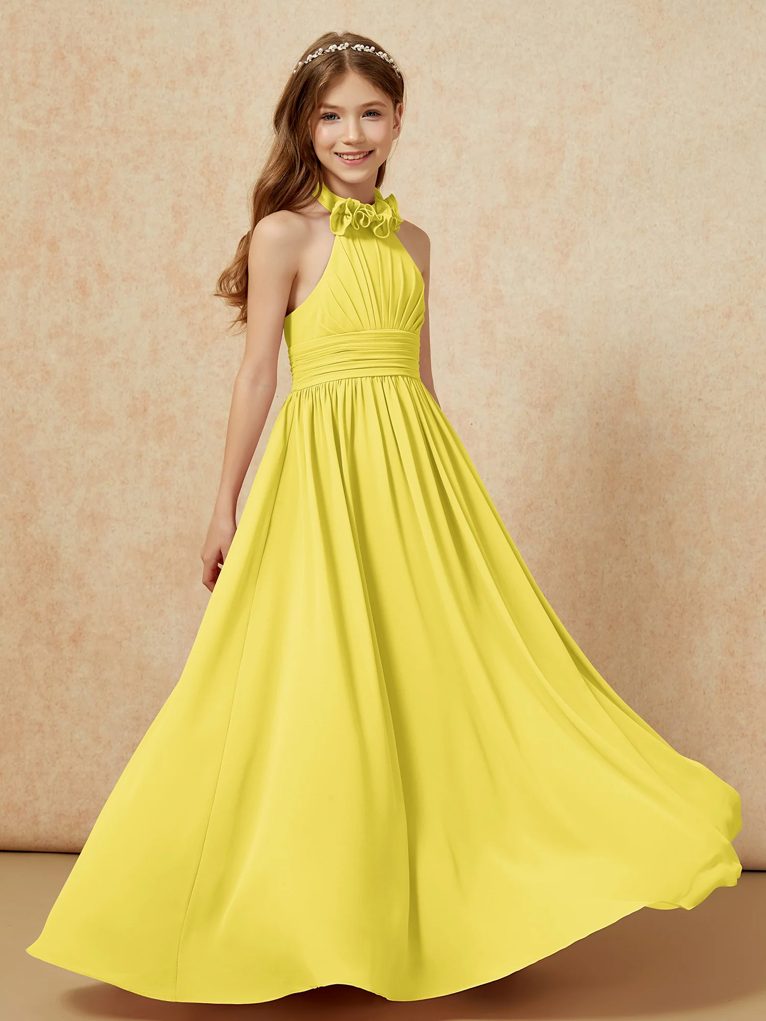 Halter Backless Chiffon Long Junior Bridesmaid Dress Lemon