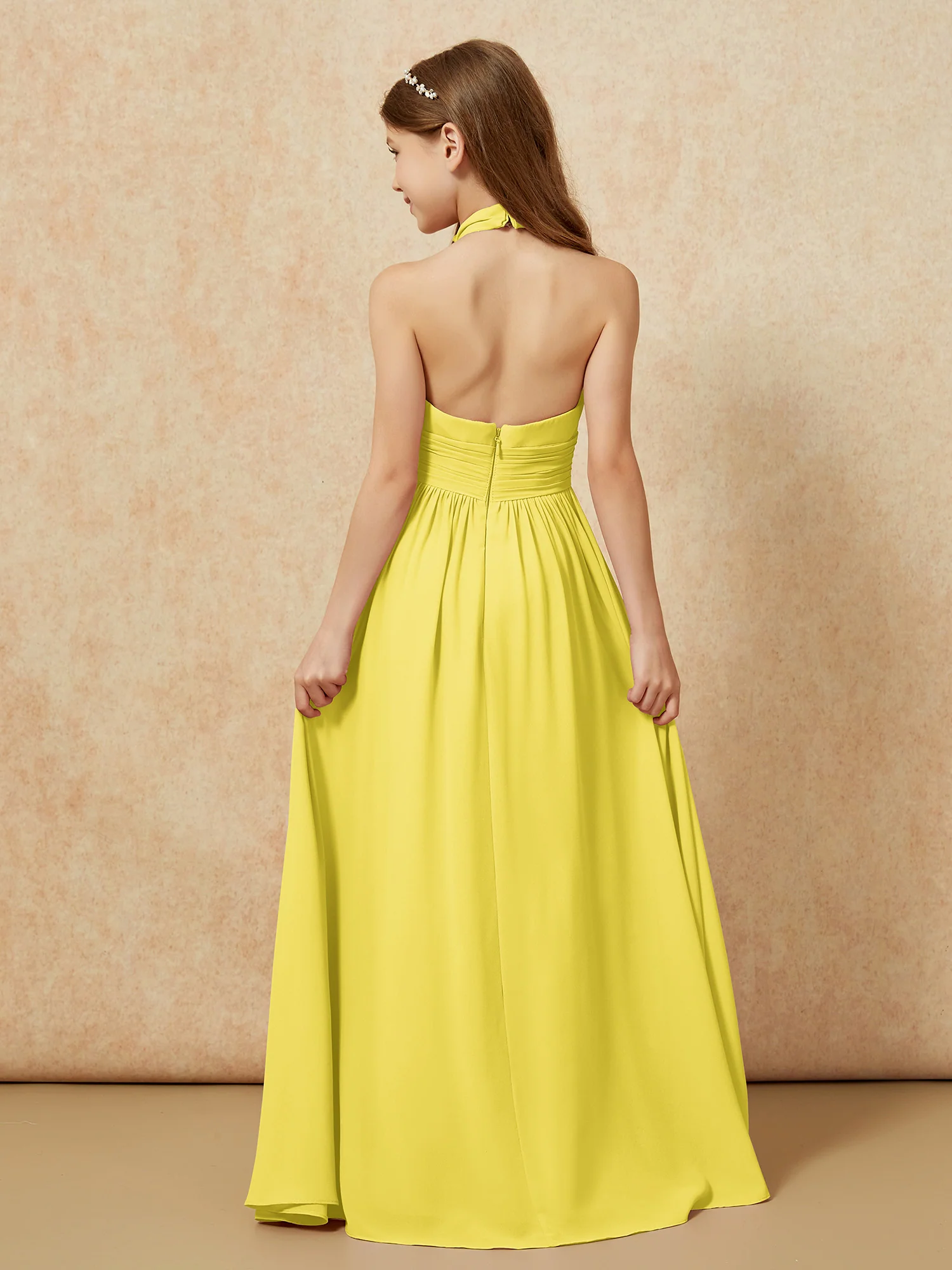 Halter Backless Chiffon Long Junior Bridesmaid Dress Lemon - Image 2