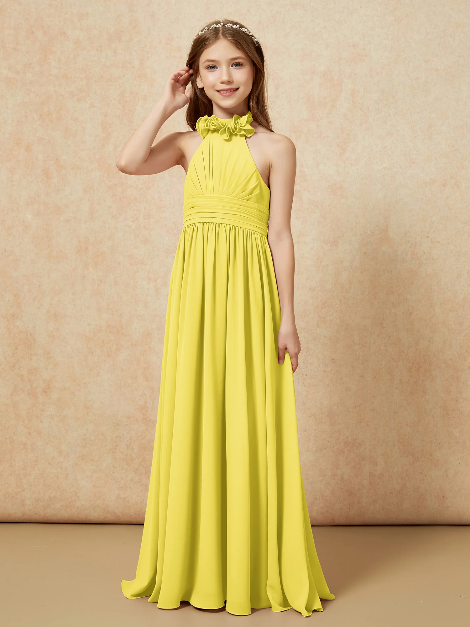 Halter Backless Chiffon Long Junior Bridesmaid Dress Lemon - Image 3