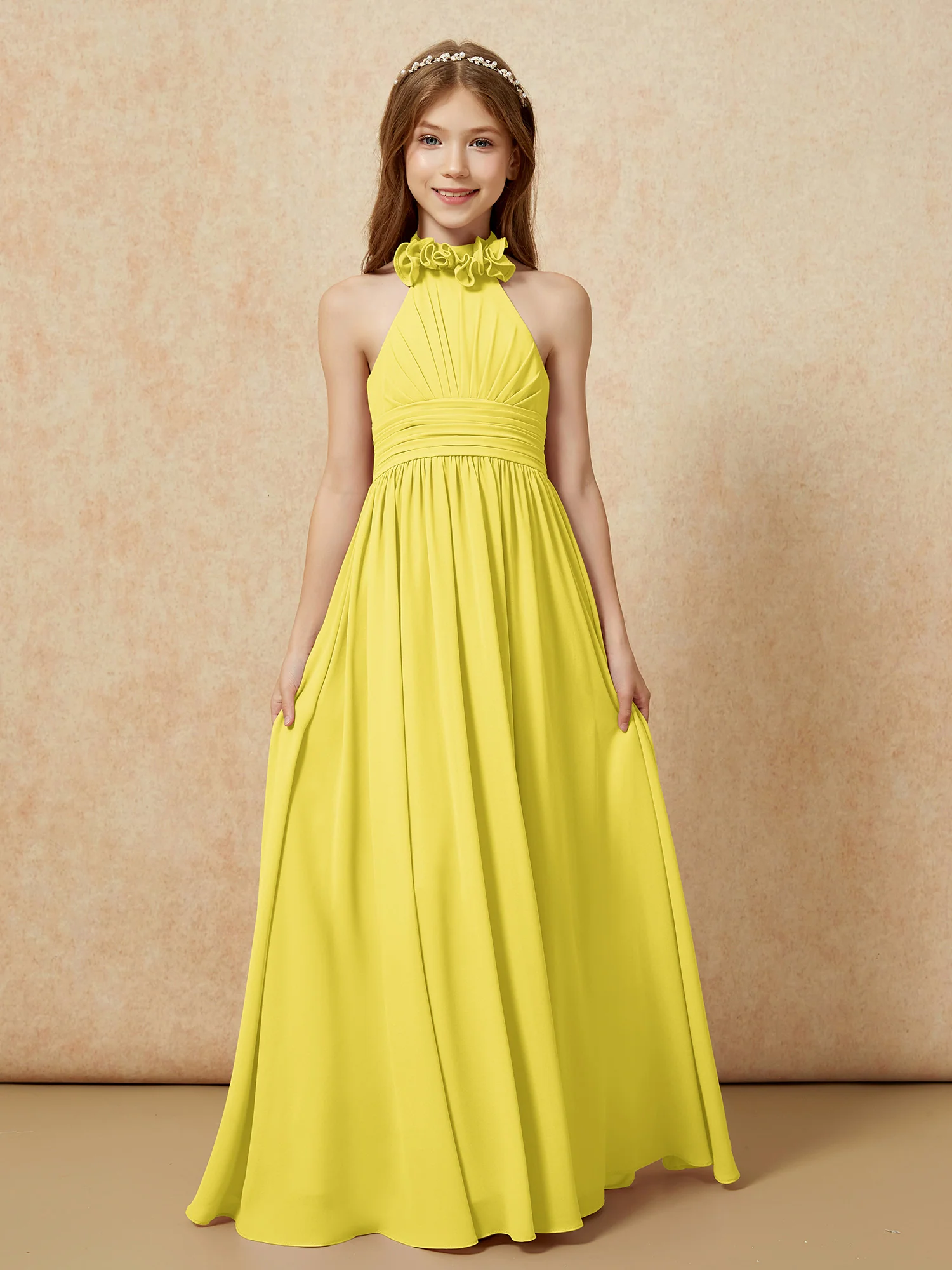 Halter Backless Chiffon Long Junior Bridesmaid Dress Lemon - Image 4