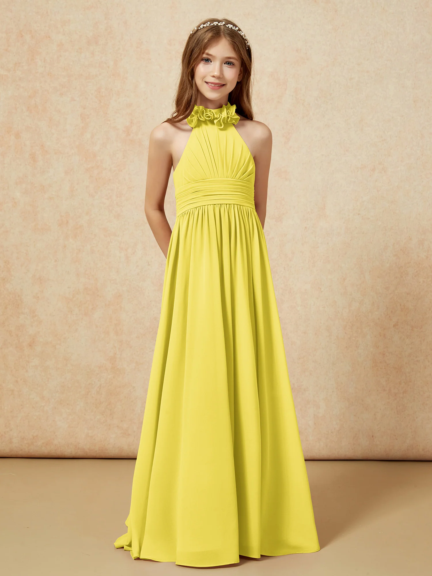 Halter Backless Chiffon Long Junior Bridesmaid Dress Lemon - Image 5