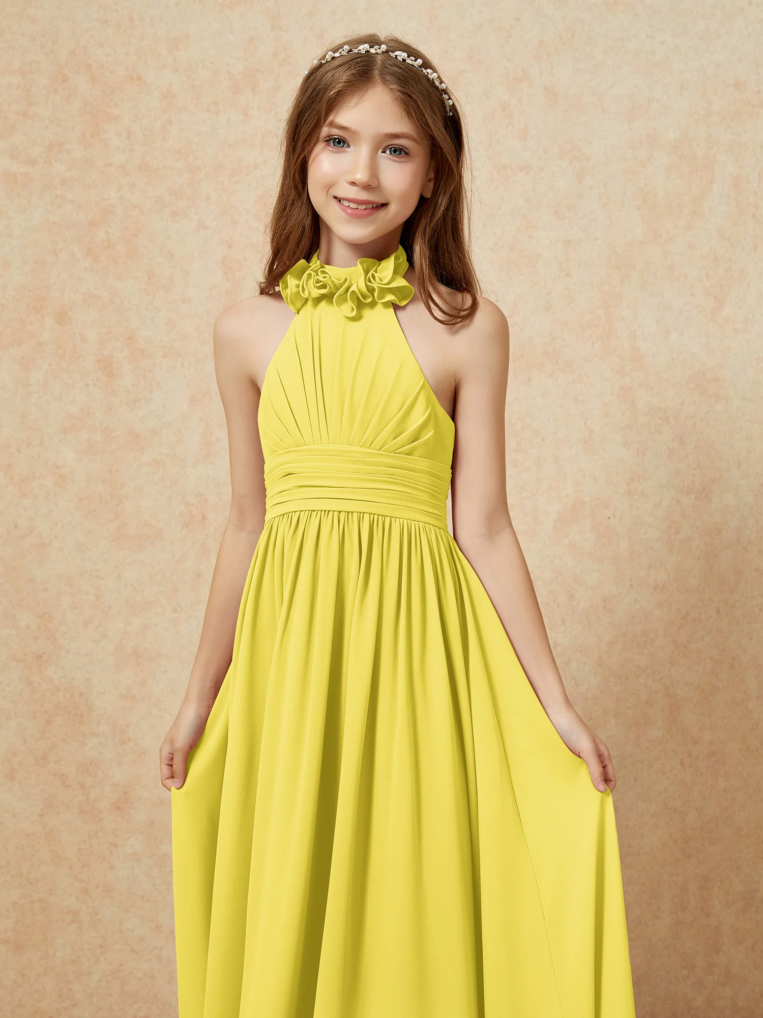 Halter Backless Chiffon Long Junior Bridesmaid Dress Lemon - Image 6