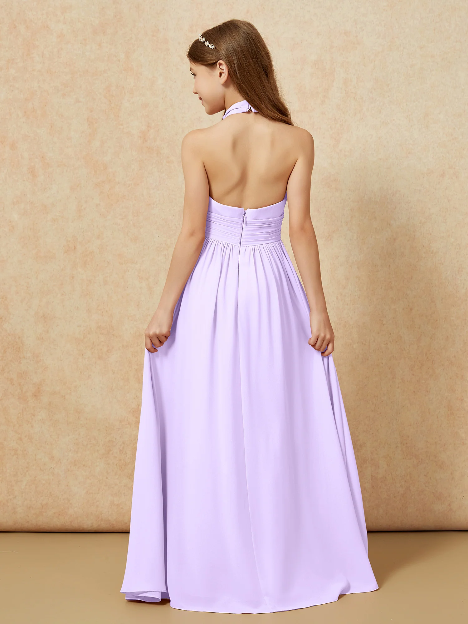 Halter Backless Chiffon Long Junior Bridesmaid Dress Lilac - Image 2