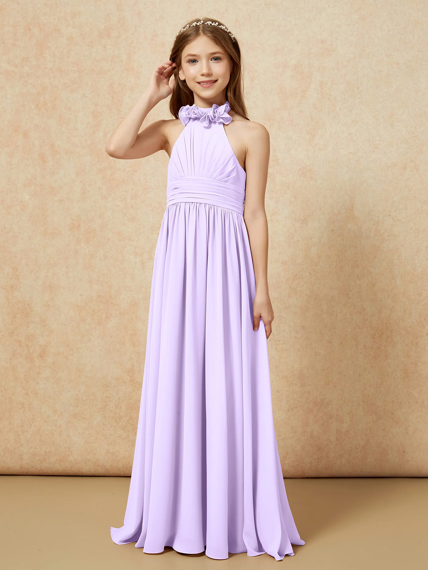Halter Backless Chiffon Long Junior Bridesmaid Dress Lilac - Image 3