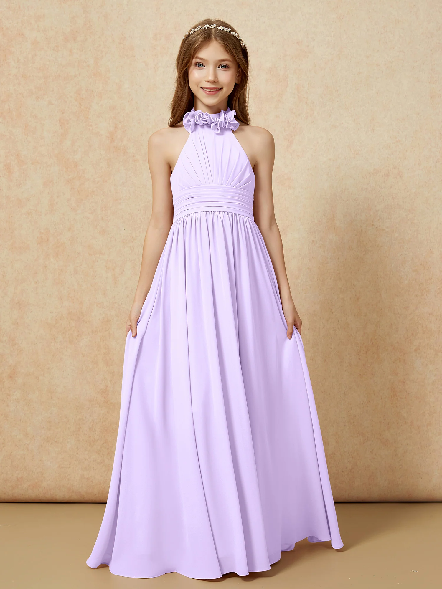 Halter Backless Chiffon Long Junior Bridesmaid Dress Lilac - Image 4