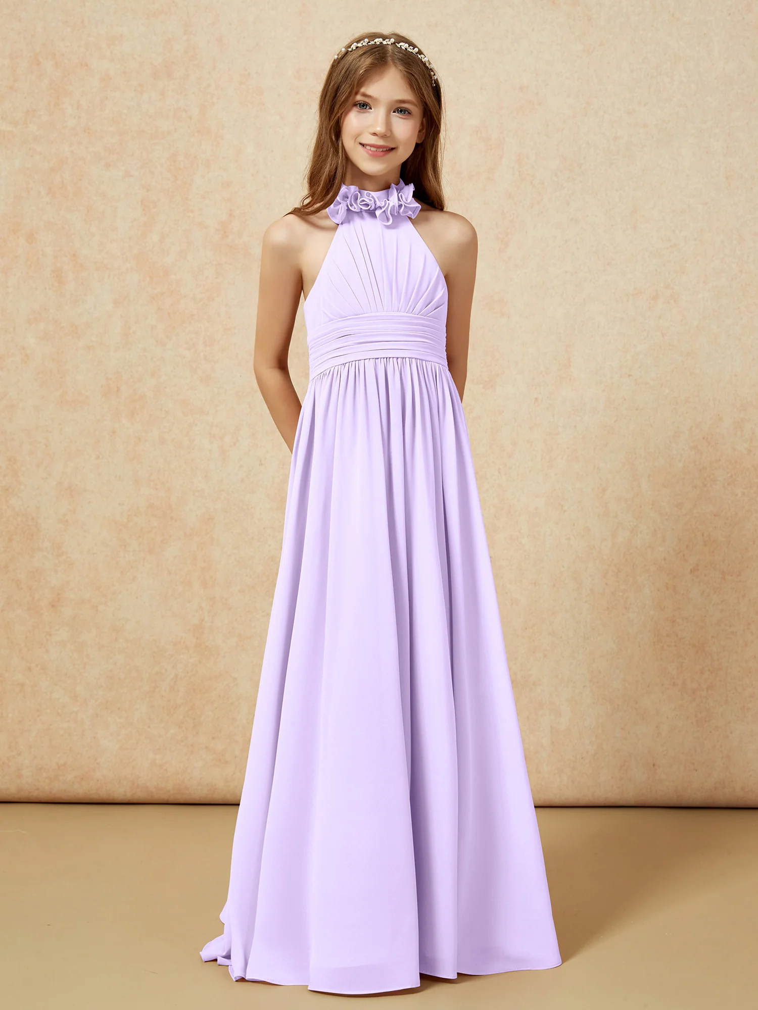 Halter Backless Chiffon Long Junior Bridesmaid Dress Lilac - Image 5