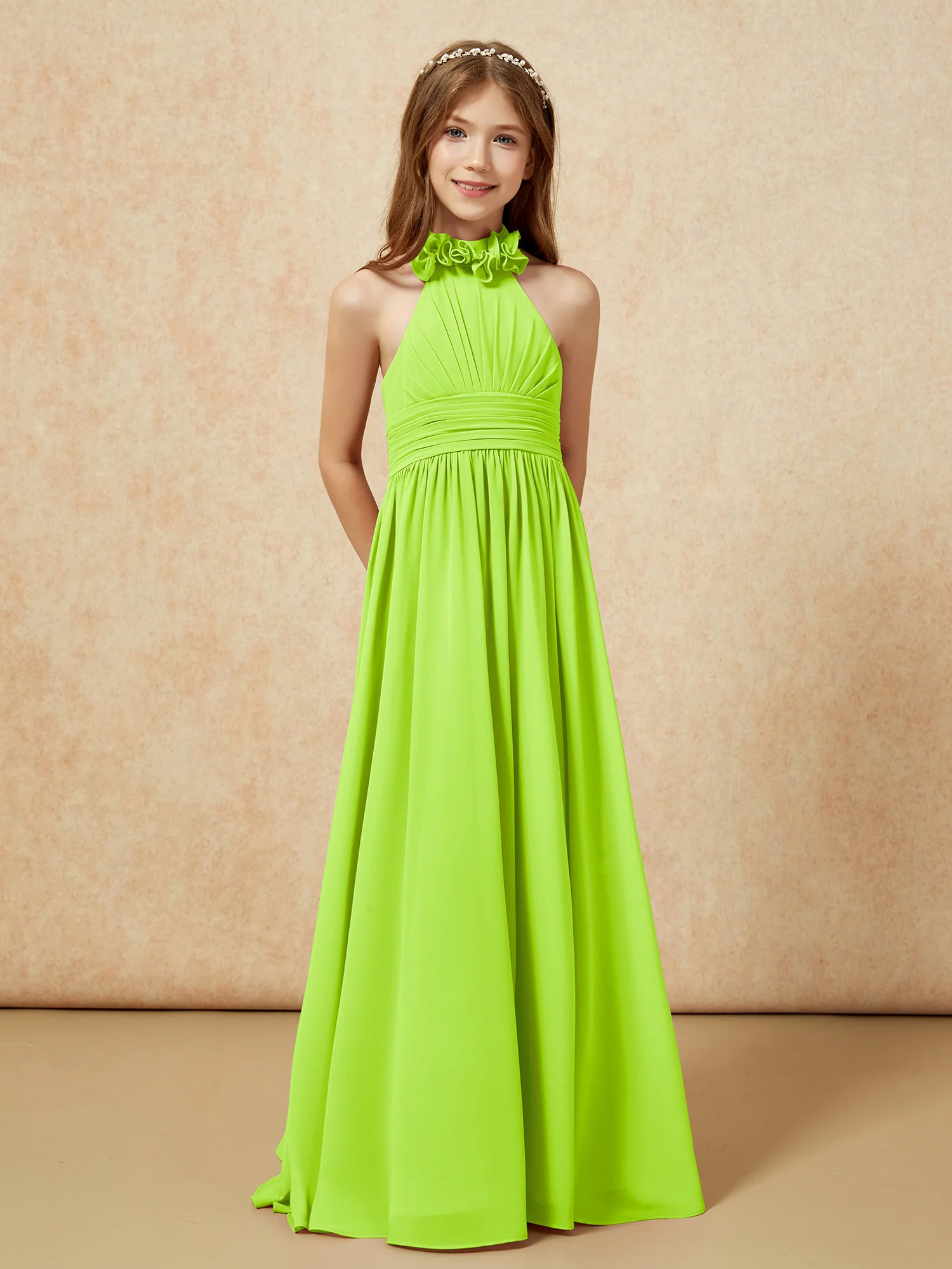 Halter Backless Chiffon Long Junior Bridesmaid Dress Lime Green - Image 5