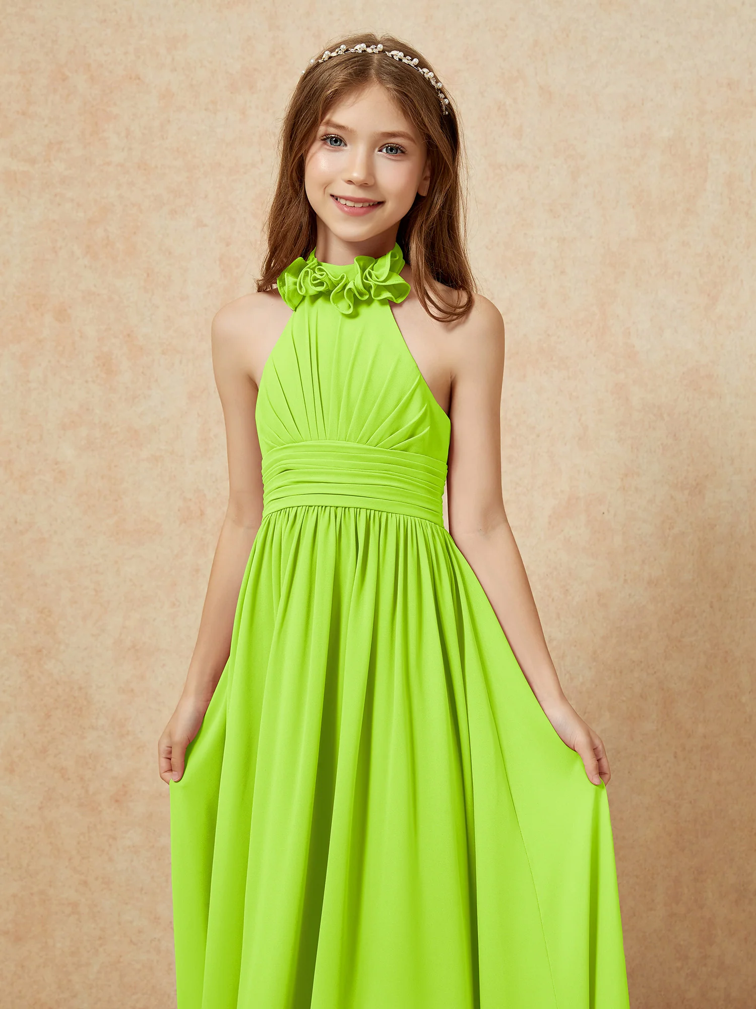 Halter Backless Chiffon Long Junior Bridesmaid Dress Lime Green - Image 6