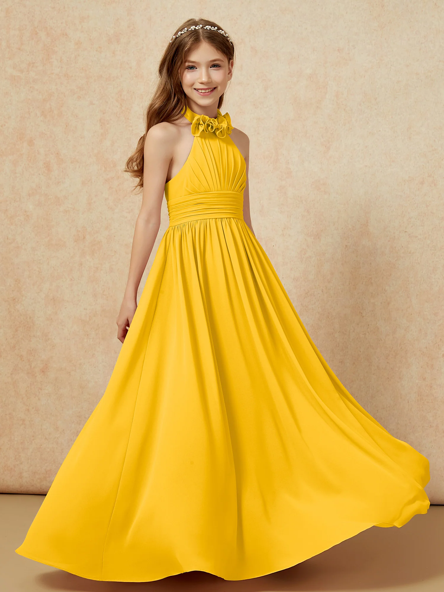 Halter Backless Chiffon Long Junior Bridesmaid Dress Marigold