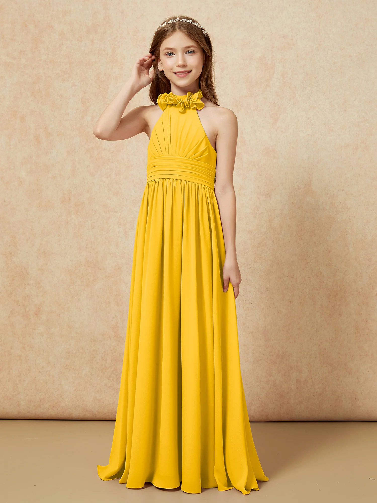 Halter Backless Chiffon Long Junior Bridesmaid Dress Marigold - Image 3