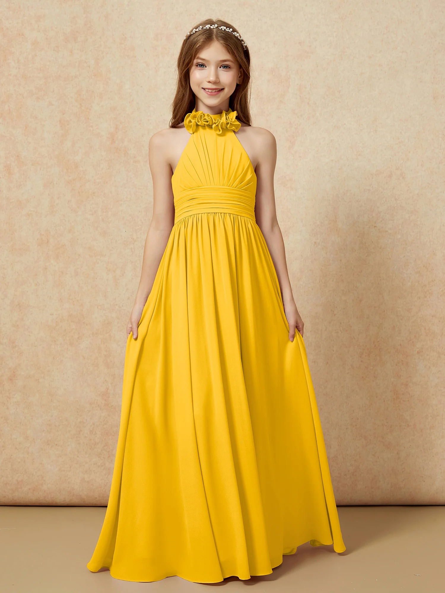 Halter Backless Chiffon Long Junior Bridesmaid Dress Marigold - Image 4