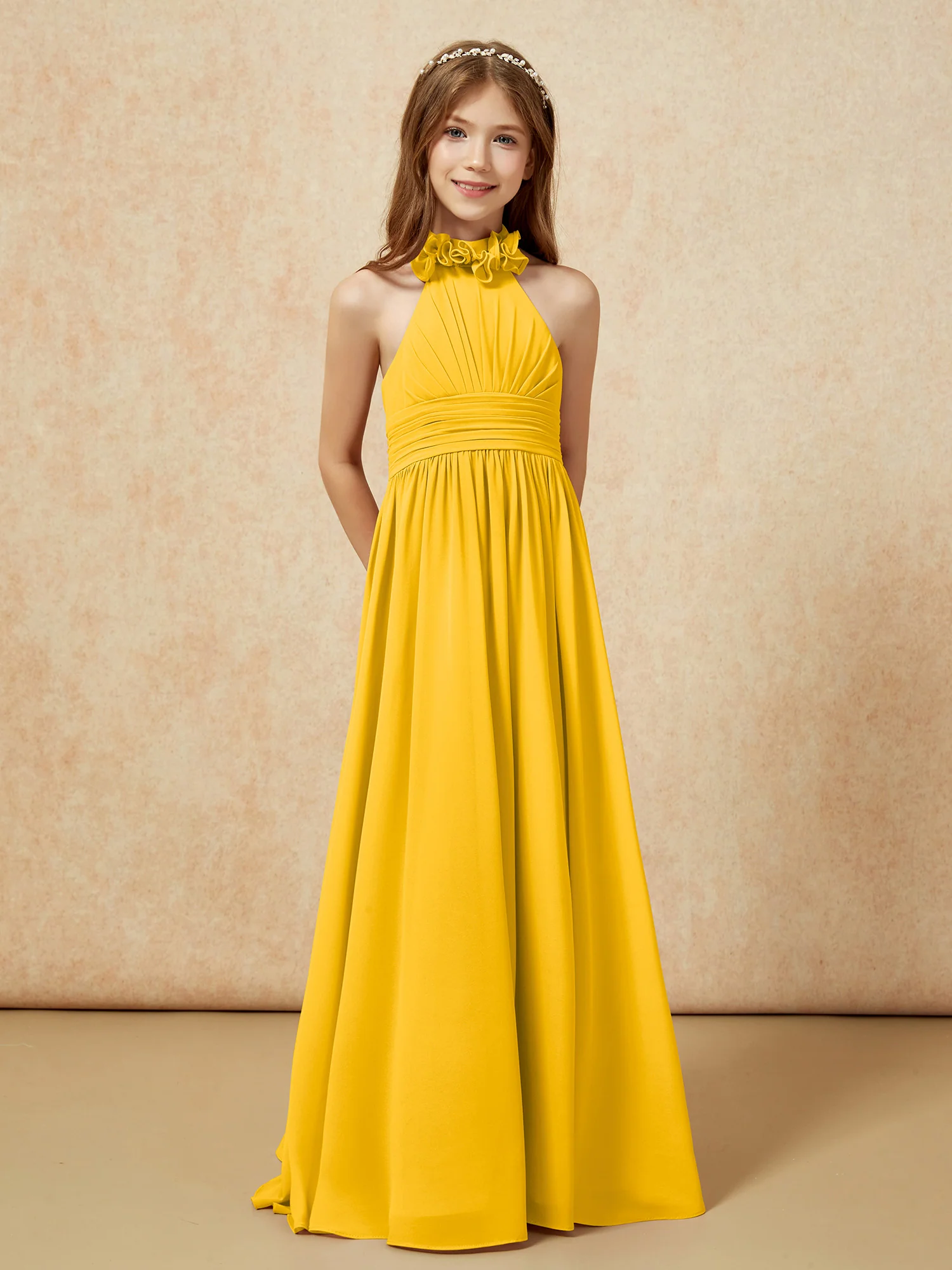 Halter Backless Chiffon Long Junior Bridesmaid Dress Marigold - Image 5