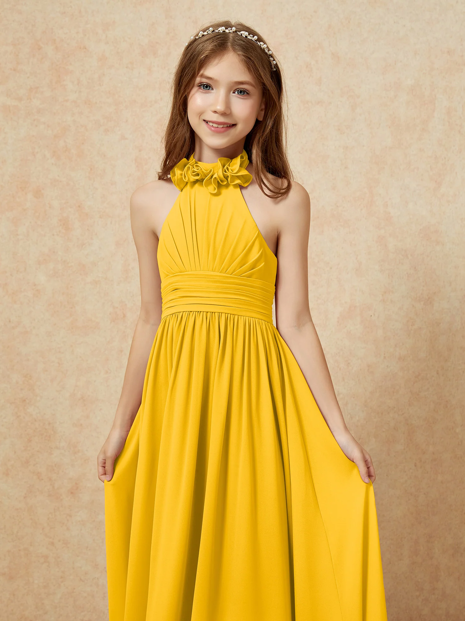 Halter Backless Chiffon Long Junior Bridesmaid Dress Marigold - Image 6