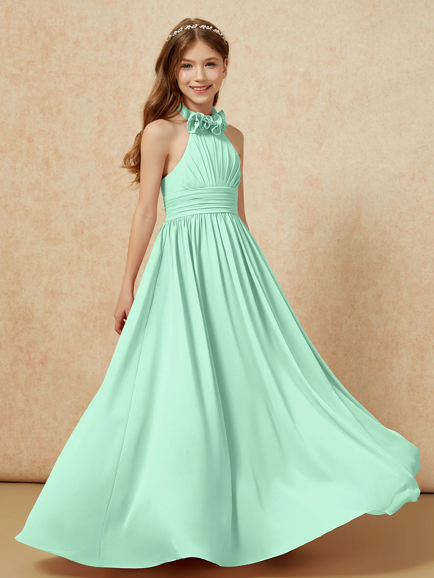 Halter Backless Chiffon Long Junior Bridesmaid Dress Mint Green