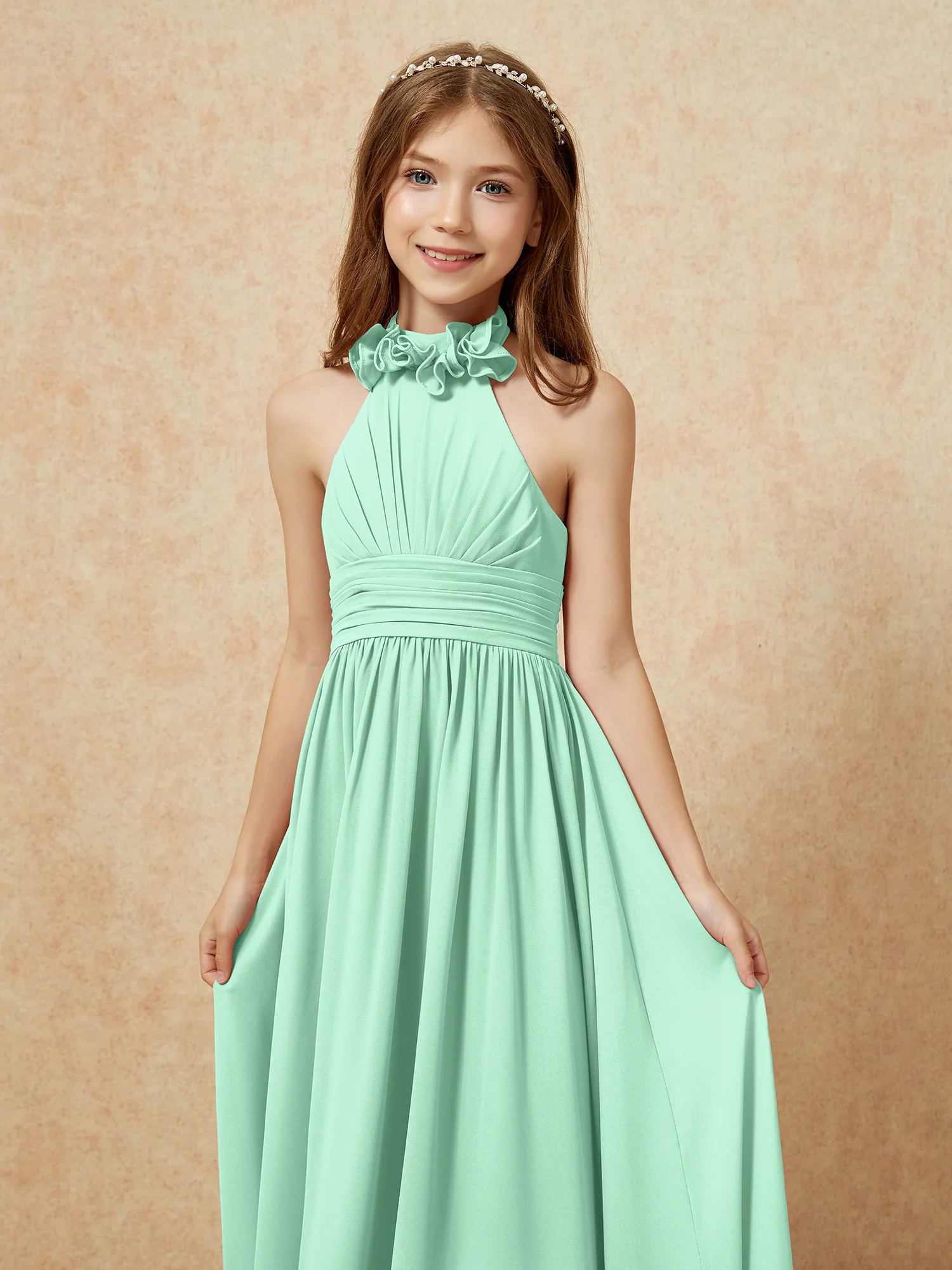 Halter Backless Chiffon Long Junior Bridesmaid Dress Mint Green - Image 6