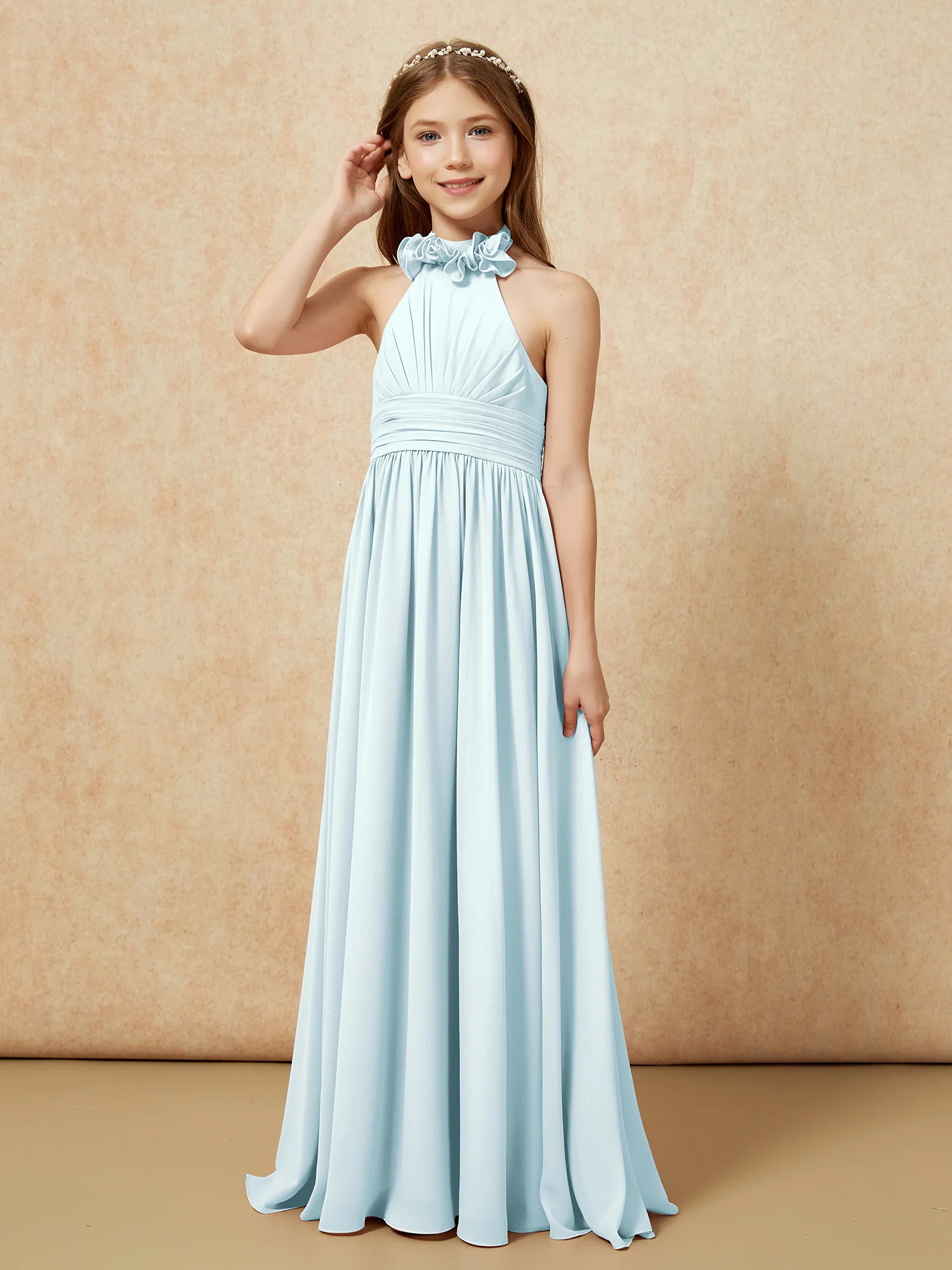 Halter Backless Chiffon Long Junior Bridesmaid Dress Mist - Image 3