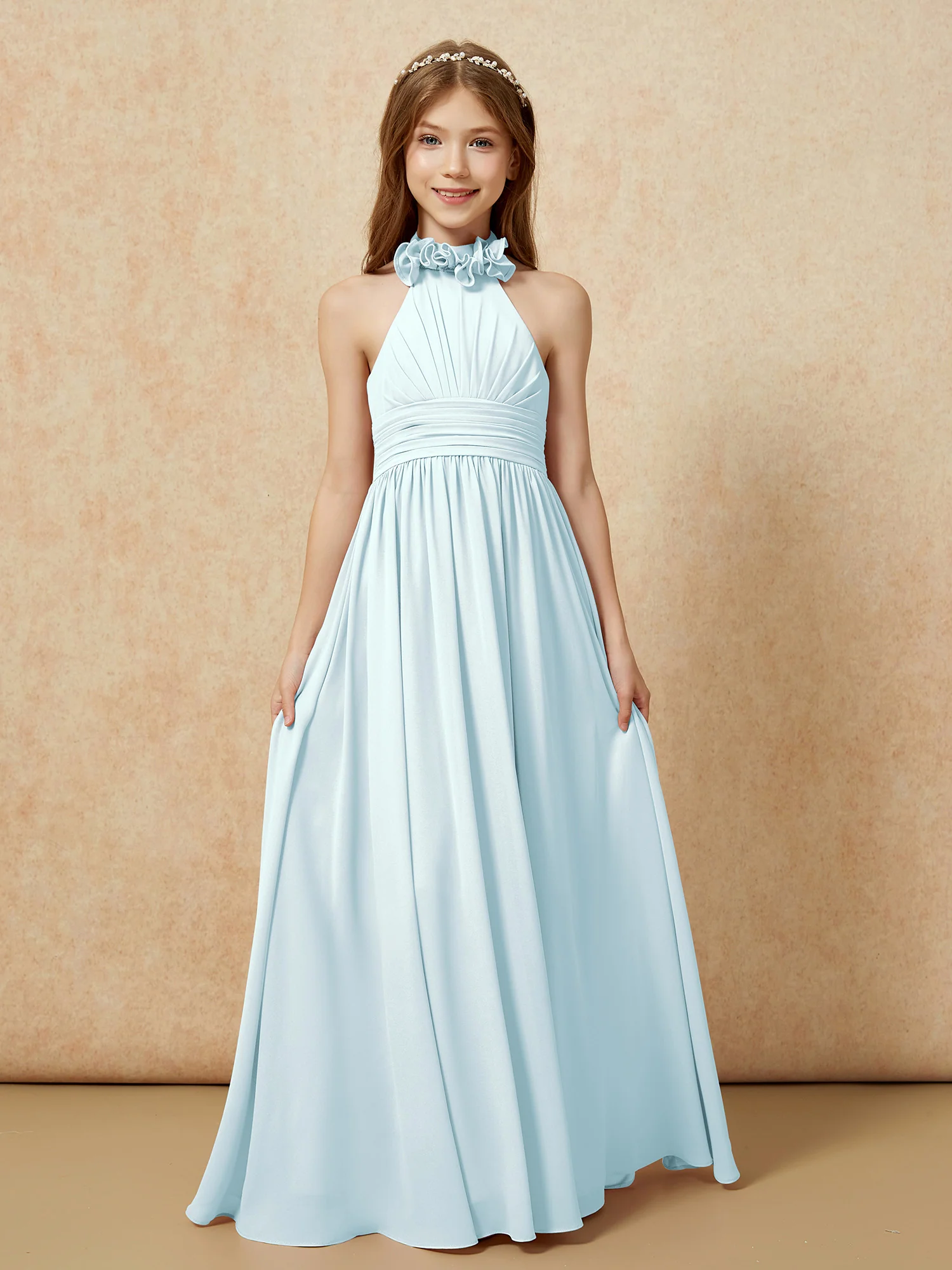 Halter Backless Chiffon Long Junior Bridesmaid Dress Mist - Image 4