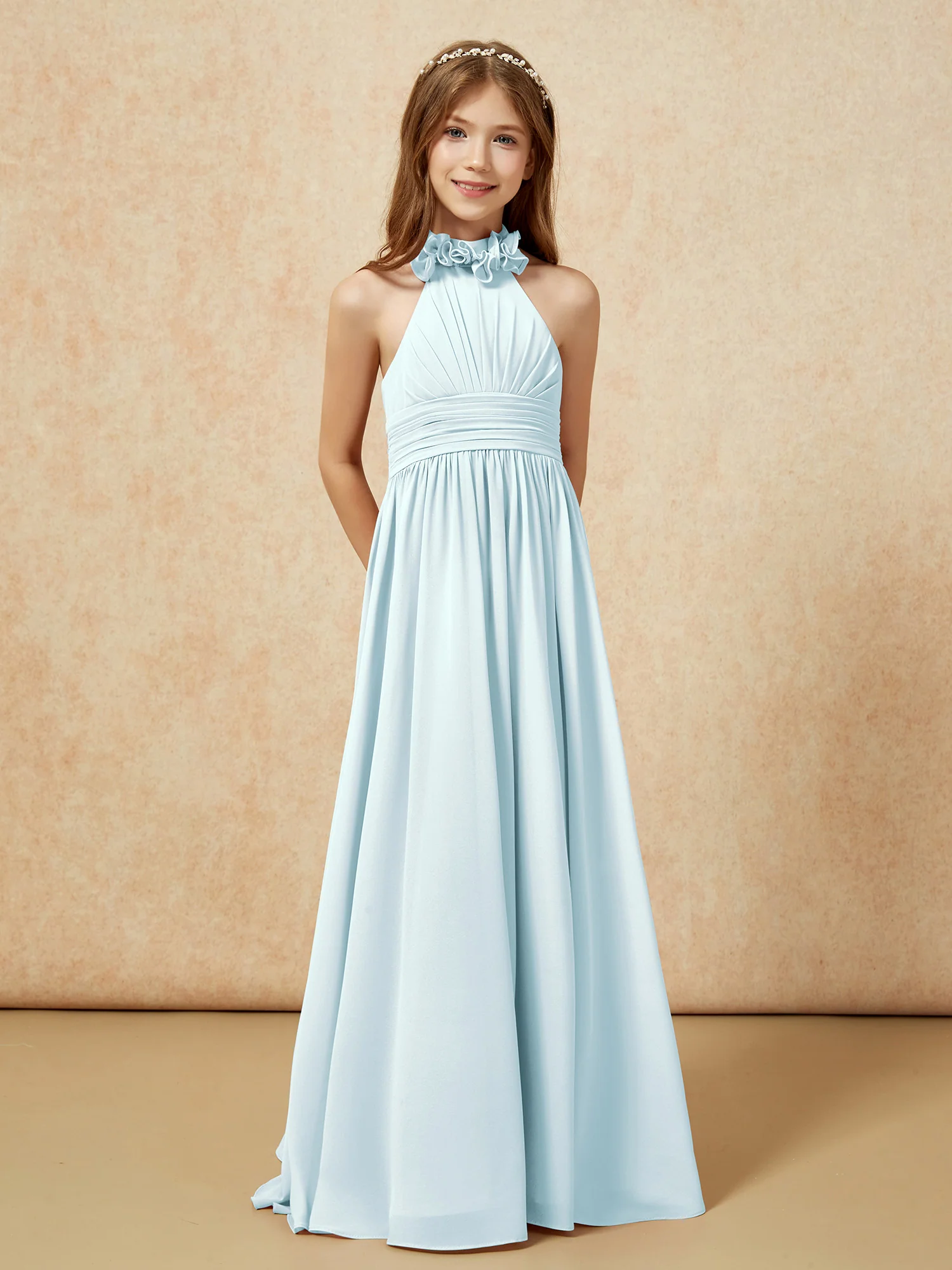 Halter Backless Chiffon Long Junior Bridesmaid Dress Mist - Image 5