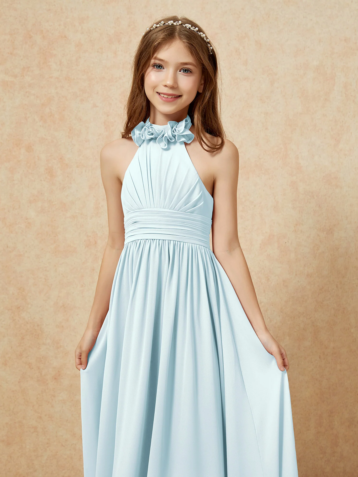 Halter Backless Chiffon Long Junior Bridesmaid Dress Mist - Image 6