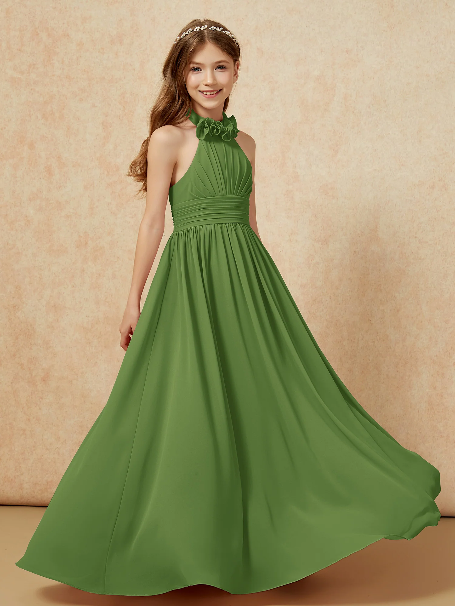 Halter Backless Chiffon Long Junior Bridesmaid Dress Moss