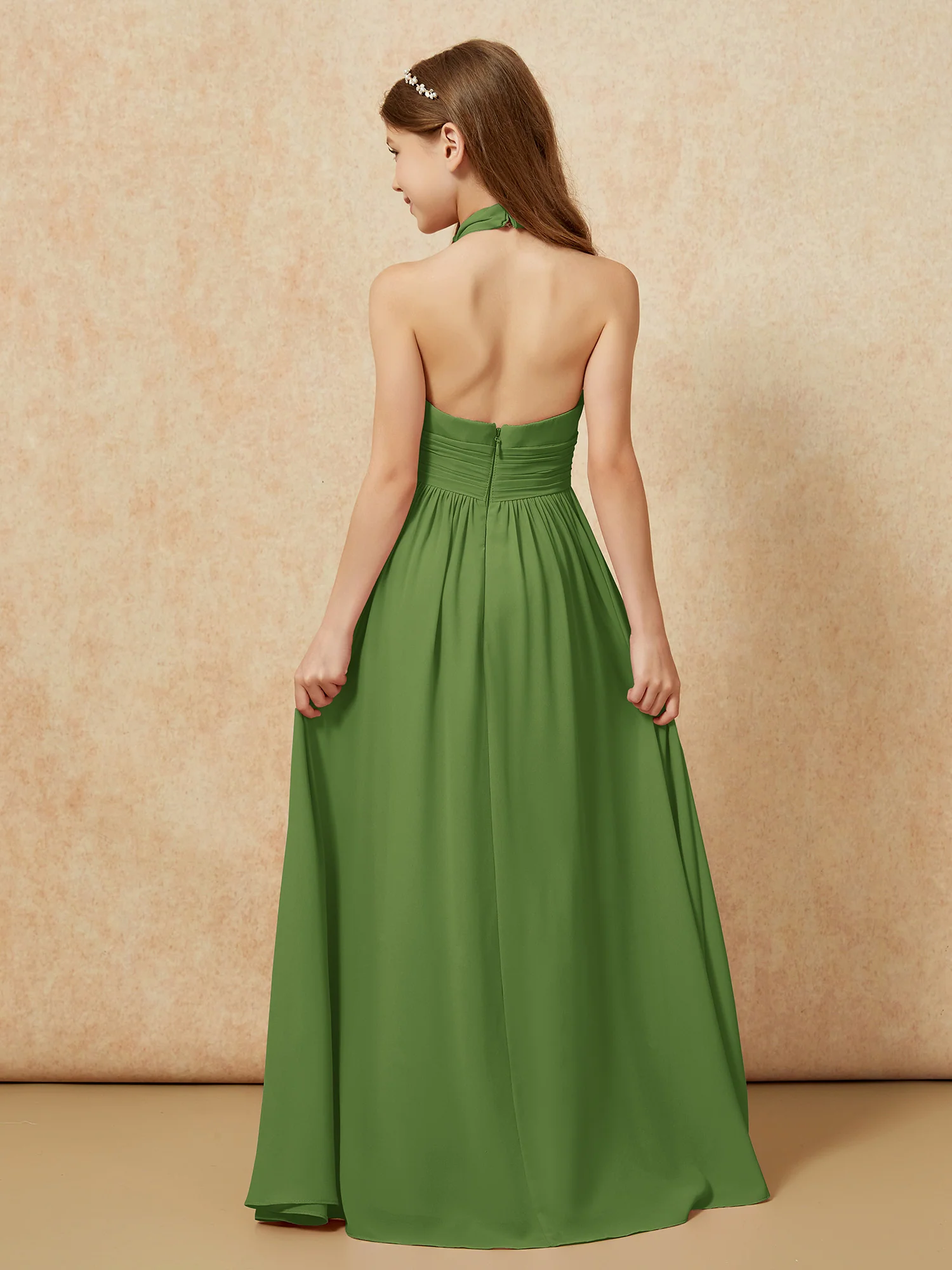 Halter Backless Chiffon Long Junior Bridesmaid Dress Moss - Image 2