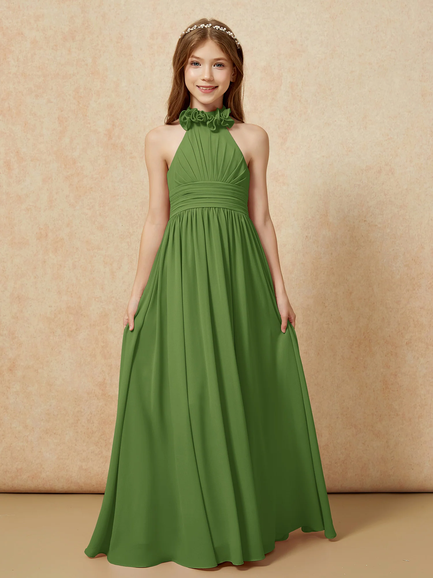 Halter Backless Chiffon Long Junior Bridesmaid Dress Moss - Image 4