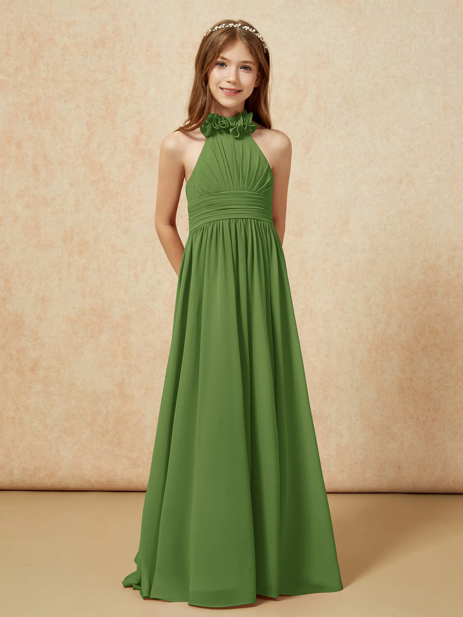 Halter Backless Chiffon Long Junior Bridesmaid Dress Moss - Image 5
