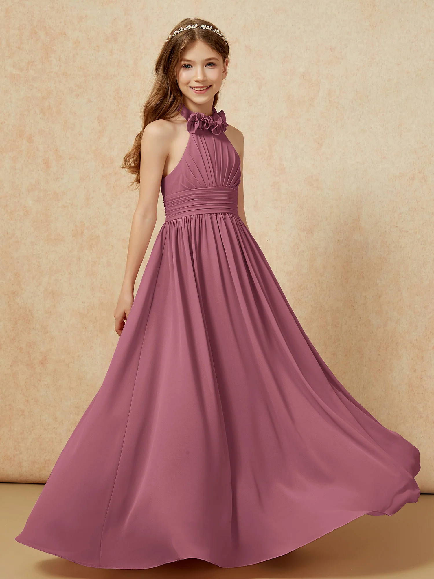 Halter Backless Chiffon Long Junior Bridesmaid Dress Mulberry